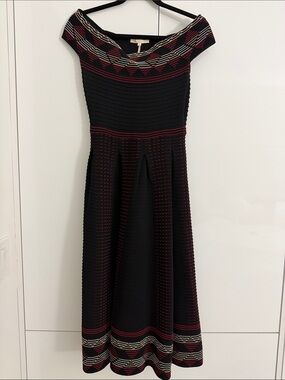 Maje Black and Burgundy Patterned Off-Shoulder Midi Dress